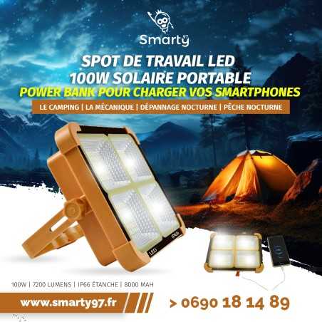 Spot Solaire portable 100w,  Idéal pour le camping et d’autres travaux ou activités à l’intérieur ou à l’extérieur